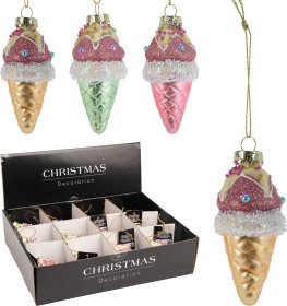 Eglutės žaisliukas Ledai, stiklas, 3 skirtingos sp., su blizgučiais, 4 × 8,5 cm