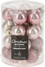 Eglutės žaisliukai, burbulo formos, stikliniai, 24 vnt., 3 skirtingos rožinės sp. rinkinyje, 2,5 cm