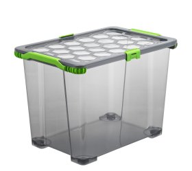 Daiktadėžė ROTHO Evo Total, su dangčiu ir ratukais, skaidrios pilkos su žaliu sp., 65 l