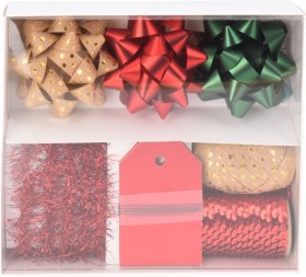 Dovanų pakavimo rinkinys, kaspinėliai, juostelės ir žymos, aukso, raudonos, žalios sp.