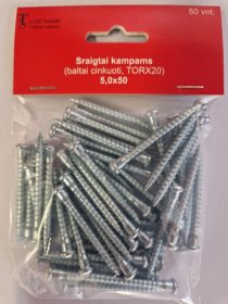 Sraigtai kampams, 5 x 50 mm, baltai cinkuoti, 50 vnt., TORX20