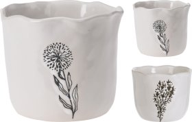 Kambarinis porcelianinis vazonas, baltos sp., trys skirtingi dizainai, išmatavimai 12,5 x 12,5 x 10,5 cm.