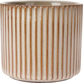 Kambarinis keraminis vazonas, kreminės sp. su rudais akcentais, išmatavimai 11 x 11 x 9,5 cm.