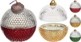 Kvapni žvakė, stikliniame indelyje, raudonos sp./prieskoninės uogos, žalios sp./amalo eglė, aukso sp./vanilė, skersmuo 11 cm