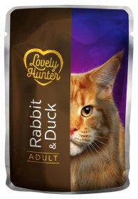 Konservuotas kačių ėdalas LOVELY HUNTER, suaugusioms katėms su triušiena ir antiena, maišelyje, 85g
