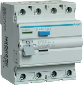 Srovės nuotekio relė HAGER Cd426J, 4P, 25A, 30 mA, AC