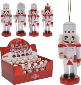 Eglutės žaisliukas Spragtukas, medinis, baltos ir raudonos sp., 4 skirtingi dizainai, 4 x 3,5 x 9 cm