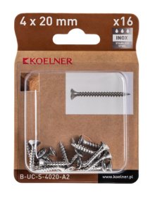 Medsraigčiai KOELNER, 4 x 20 mm, įleidžiama galva, nerūd. plieno A2, 16 vnt., PZ