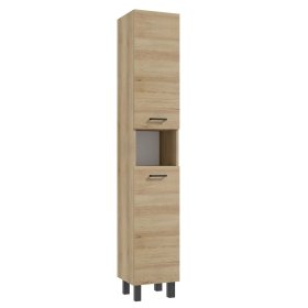 Vonios spintelė DEFRA C30, 30 x 174 x 30 cm, aukšta, apatinė, pastatoma, ūkinė, 2 durų, buko sp., juodos sp. rankenėlės ir kojos