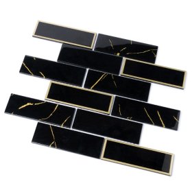 Stiklo mozaika MONA MOSAICS Mh22-1214, 300 x 300 x 6 mm, spl. juoda/ aukso apvadas