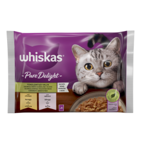 Konservuotas kačių ėdalas WHISKAS Pure Delight, su vištiena ir lašiša, suaugusioms katėms, 4x85 g