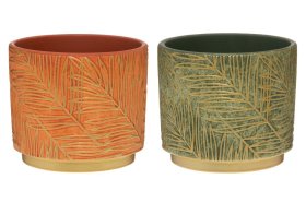 Kambarinis keraminis vazonas 4LIVING, žalios/oranžinės sp. su lapų raštais, vazono skersmuo 14 cm.