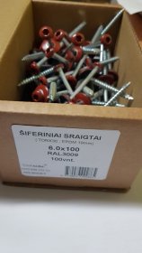 Šiferiniai sraigtai, 6 x 100 mm., (T30,19EPDM), RAL3009 vyšnių sp., cinkuoti, su tarpine, 100 vnt.