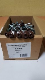 Šiferiniai sraigtai, 6 x 100 mm., (T30,19EPDM), RAL8017 rudos sp., cinkuoti, su tarpine, 100 vnt.