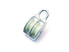 Kreipiamasis kėlimo įrenginio skriemulys POSAMO VAUKA, 40mm, dvigubas, iki 8mm lynui, galvanizuotas plienas, Zn, plastikas