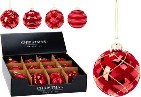 Eglutės žaisliukas, stiklas, raudonos sp., su auksiniais raštais, 4 skirtingi dizainai, skersmuo 8 cm