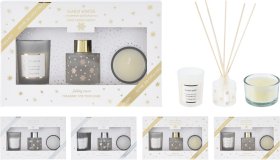 Namų kvapo ir žvakių rinkinys, įv. spalvų, 2 skirtingi kvapai: krintantis sniegas, auksinis beržas