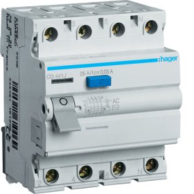 Srovės nuotekio relė HAGER Cd441J, 4P, 40A, 30 mA, AC