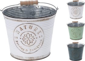 Kambarinis metalinis vazonas su medinėmis rankenomis, 3 skirtingi dizainai, skersmuo 16,5 cm., aukštis 14 cm.