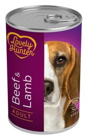 Konservuotas šunų ėdalas LOVELY HUNTER, suaugusiems šunims, su jautiena ir ėriena, 400g