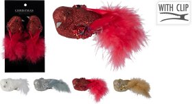 Kalėdinė dekoracija Paukštelis, 2 vnt., su segtuku, su plunksnomis, 5 skirtingos sp., 12 x 4 x 3,5 cm