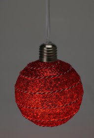 Eglutės LED žaisliukas, skersmuo 8 cm, su blizgučiais, raudonos arba baltos sp., su baterijomis