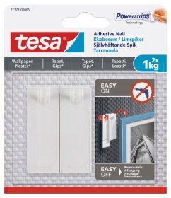 Klijuojami kabliukai TESA 77773, 2 vnt. x 1 kg, nelygiems paviršiams, skirti iki 1 kg svorio kabinti, komplekte 3 dvipusio lipnumo juostelės