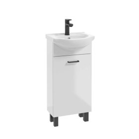 Vonios spintelės komplektas DEFRA Novelty D40, 38 x 80 x 20 cm,  apatinis, pastatomas, baltas, su praustuvu, 1D,  juodos sp. rankenėlės ir kojos, blizgus