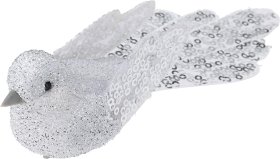 Kalėdinė dekoracija Paukštukai, prisegama, blizgios sidabrinės sp., 15,5 x 4 x 4,5 cm, rinkinys (2 vnt.)