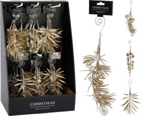 Kalėdinė dekoracija Šakelė, blizganti, pakabinama, šampaninės sp., 3 skirtingi dizainai, 5 x 2 x 18 cm