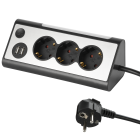 Ilgiklis ELECTRALINE DESK, 3 lizd., 1,5m, su įž., su jungikliu, 3x1,5, juodos, metalo sp., 2xUSB-A, 62512