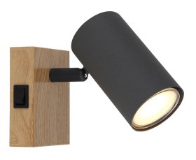 Kryptinis šviestuvas GLOBO Robby, GU10, 1 x 25W, 230V, su jungikliu, metalinis, matinės juodos sp. su medžio imitacija, 70 x 100 x 120 mm, 57911-1G