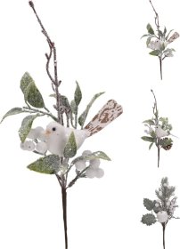 Kalėdinė dekoracija Šakelė, su paukščiu arba obuoliu ir baltomis uogomis su sniegu, 35 cm, 3 dizainai