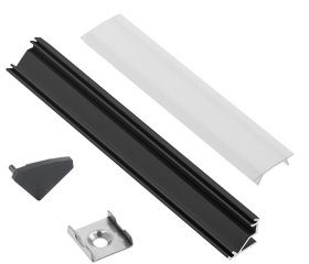 Profilis LED juostoms EUROLIGHT Al-C2-B, aliuminis, kampinis, juodos spalvos anoduotas, ilgis 2 m, komplekte matinis dangtelis, 4 antgaliai ir 4 laikikliai