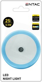 Sieninis šviestuvas ENTAC En-2403, naktinis, 0,5 W, 220-240 V, 6400 K, 25 lm, IP20, automatinis įsijungimas temstant, apvalus, mėlynos sp.