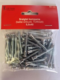 Sraigtai kampams, 5 x 40 mm, baltai cinkuoti, 50 vnt., TORX20