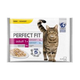 Konservuotas kačių ėdalas PERFECT FIT, su lašiša/balta žuvimi, suaugusioms katėms, 4x85 g