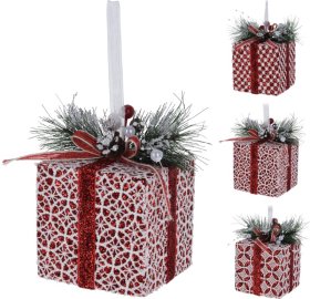 Kalėdinis eglutės papuošimas Dovana, 8 cm, 3 skirtingų rūšių, raudonai baltos sp.