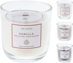 Kvapni žvakė, stikliniame indelyje, su medine dagtimi, įvairių kvapų, aukštis 9 cm