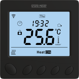 Programuojamas WiFi termostatas GRAND MEYER W390, 16 A, 230V, el. grindų šildymui, su patalpos ir grindų temperatūros jutikliu, juoda sp.