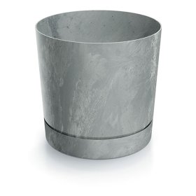 Plastikinis kambarinis vazonas TUBO P BETON EFFECT, pilkos sp., vazono skersmuo 14,8 cm.
