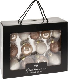 Eglutės žaisliukų rinkinys, 26 vnt., stiklas, įvairių sp., blizgūs, matiniai ir žėrintys, skersmuo 5, 5,5 ir 6,5 cm