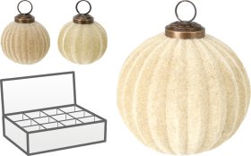 Eglutės žaisliukas, gofruotas, flokuotas stiklas, kreminės sp., skersmuo 10 cm