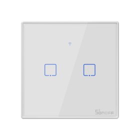Išmanusis jungiklis SONOFF T2Eu2C-Rf, 2 kan., 2xCR2032 elementai (į kompl. neįeina), valdomas liečiamu mygtuku, programėle, Wi-Fi, baltos sp.