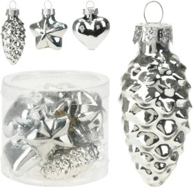 Ornamentinių eglutės žaisliukių rinkinys, stikliniai, skirtingų dizainų, sidabro sp., 16 vnt.
