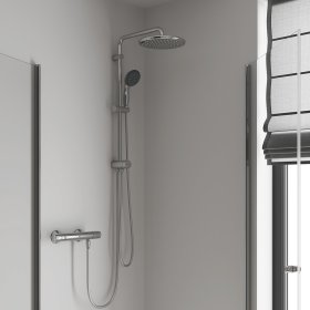 Dušo komplektas GROHE Vitalio Start 250 Flex, komplekte dušo stovas, 250 mm lietaus galva, 100 mm dušelis, perjungėjas, žarna, 26680000