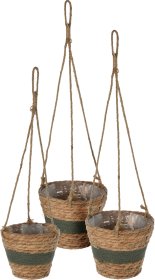 Kambarinių pintų vazonų rinkinys, trijų dydžių: 23 x 18cm., 19 x 16cm., 15 x 14cm., pakabinami, su tamsiai žalios sp. juostele, 3 vnt.
