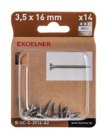Medsraigčiai KOELNER, 3,5 x 16 mm, įleidžiama galva, nerūd. plieno A2, 14 vnt., PZ