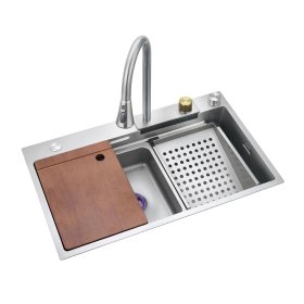 Plautuvė su priedais ODUS OD-356, 75x45x22 cm, nerūd. plieno, maišytuvas, ištrauk. snapeliu, sifonas, muilo dozat., puodelių plovikl., med. pjaust. lenta, maža papild. plautuvė, džiov. Krepš.