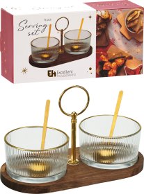 Serviravimo indų rinkinys, akacijos medienos padėklas, 2 vnt. stiklinių indelių su aukso sp. šaukšteliais